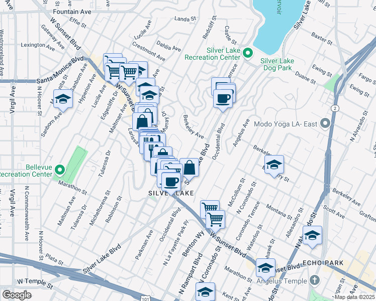 map of restaurants, bars, coffee shops, grocery stores, and more near 1445 Westerly Terrace in Los Angeles