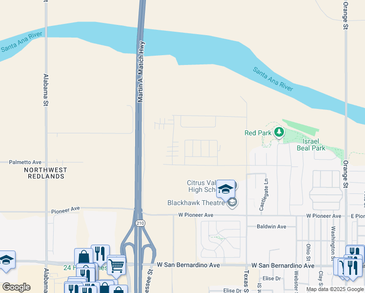 map of restaurants, bars, coffee shops, grocery stores, and more near 2067 Zest Street in Redlands