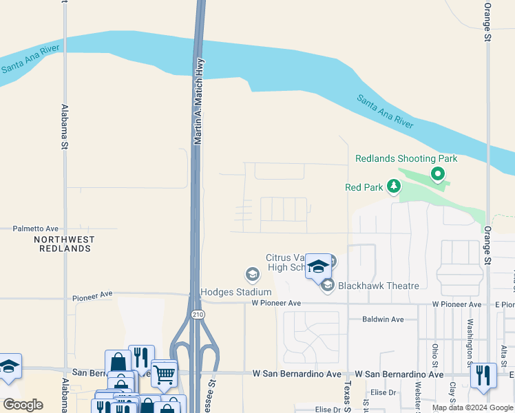 map of restaurants, bars, coffee shops, grocery stores, and more near 2067 Zest Street in Redlands