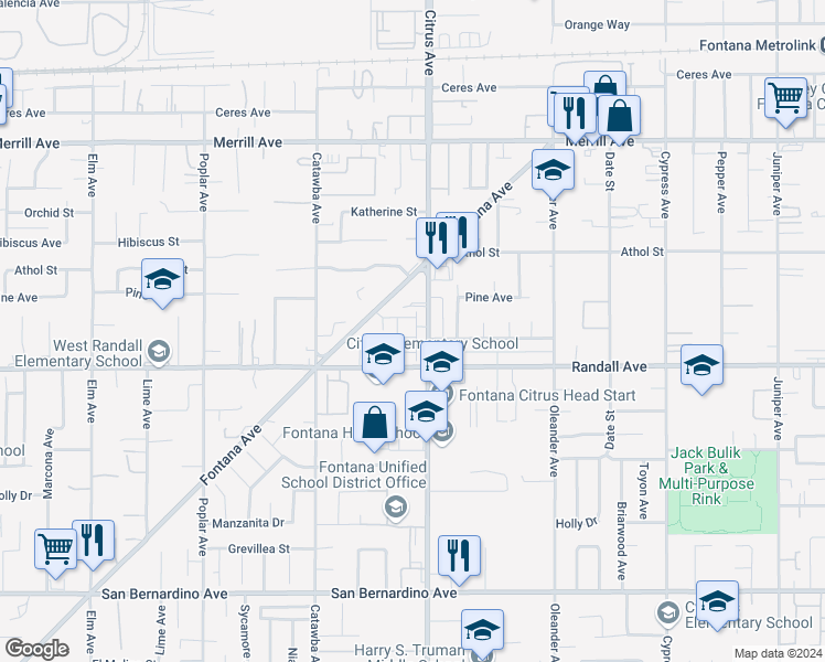 map of restaurants, bars, coffee shops, grocery stores, and more near 9250 Citrus Avenue in Fontana