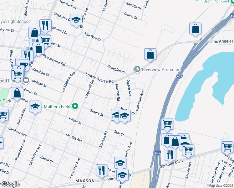 map of restaurants, bars, coffee shops, grocery stores, and more near 4719 Maxson Road in El Monte