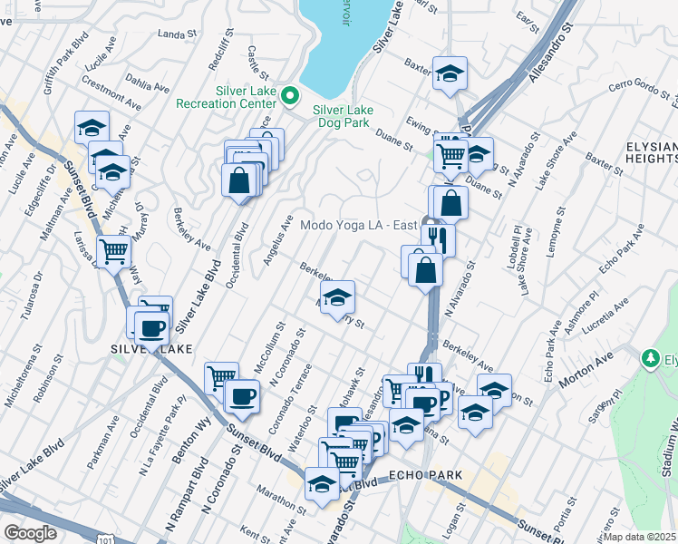 map of restaurants, bars, coffee shops, grocery stores, and more near 1615 North Coronado Street in Los Angeles