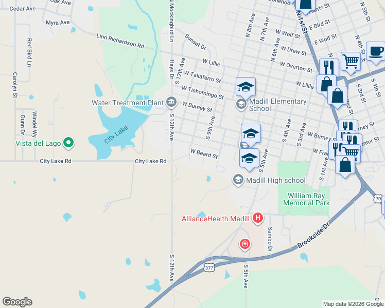 map of restaurants, bars, coffee shops, grocery stores, and more near 907 West Beard Street in Madill