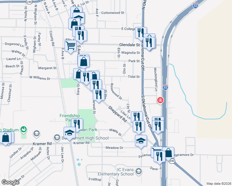 map of restaurants, bars, coffee shops, grocery stores, and more near 519 Rosewood Street in Burkburnett