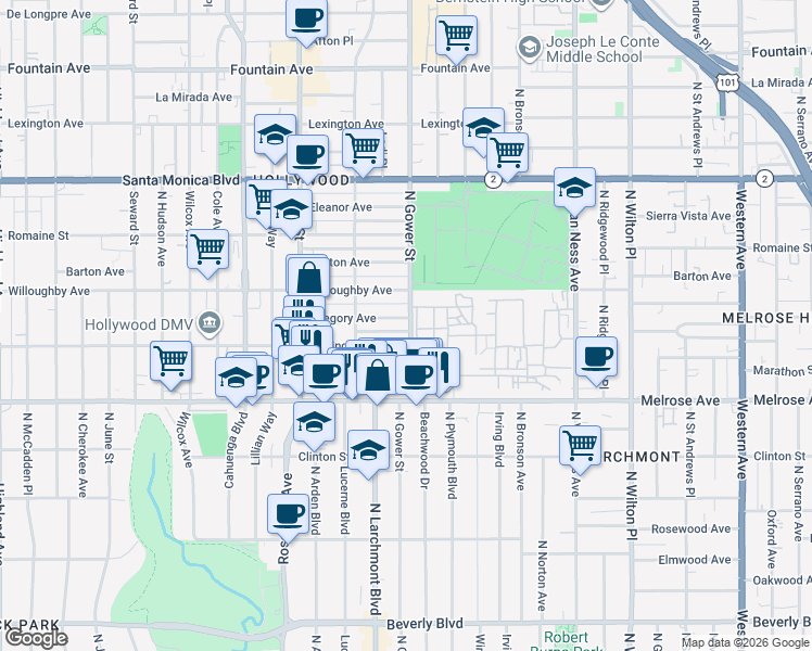 map of restaurants, bars, coffee shops, grocery stores, and more near 823 North Gower Street in Los Angeles