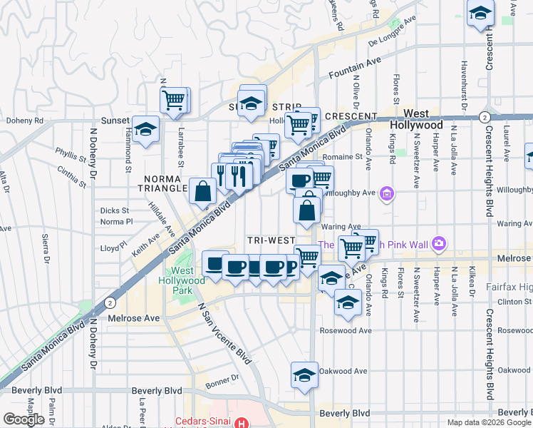 map of restaurants, bars, coffee shops, grocery stores, and more near 836 Westbourne Drive in West Hollywood
