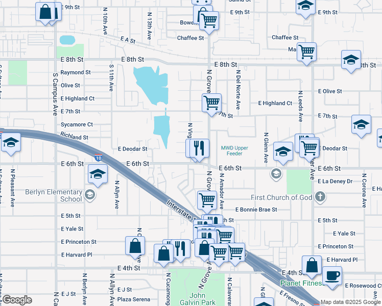 map of restaurants, bars, coffee shops, grocery stores, and more near 1201 East Deodar Street in Ontario
