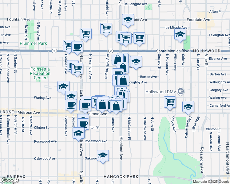 map of restaurants, bars, coffee shops, grocery stores, and more near 822 North Citrus Avenue in Los Angeles