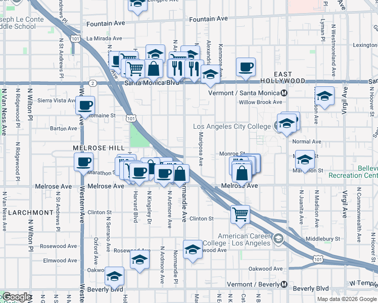 map of restaurants, bars, coffee shops, grocery stores, and more near 838 North Normandie Avenue in Los Angeles
