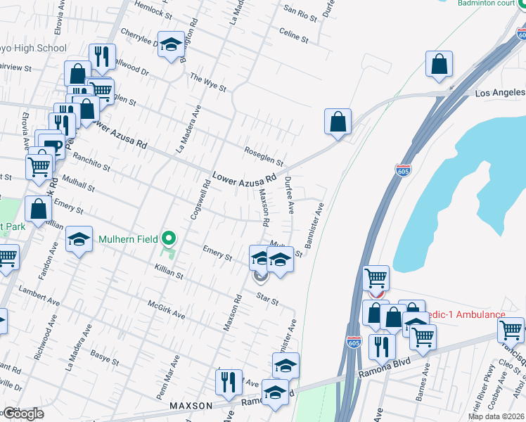 map of restaurants, bars, coffee shops, grocery stores, and more near 4719 Maxson Road in El Monte
