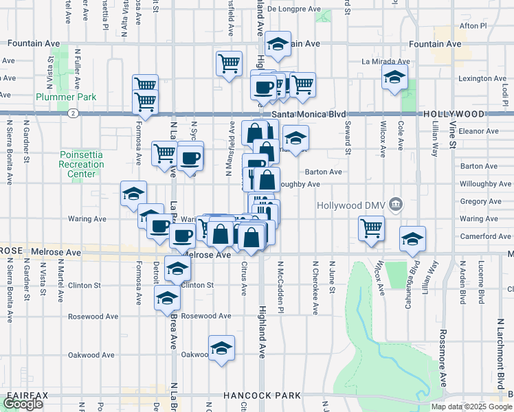 map of restaurants, bars, coffee shops, grocery stores, and more near 823 Highland Avenue in Los Angeles