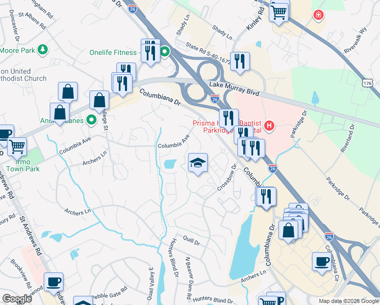 map of restaurants, bars, coffee shops, grocery stores, and more near 26 Saddleback Ledge Court in Irmo