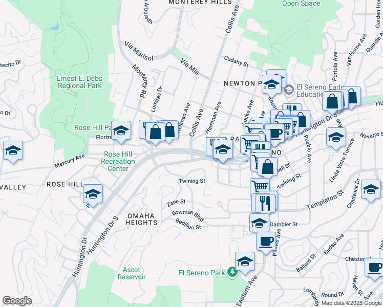 map of restaurants, bars, coffee shops, grocery stores, and more near Huntington Dr N & Collis Ave in Los Angeles
