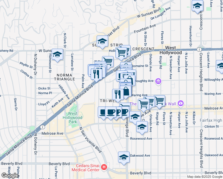 map of restaurants, bars, coffee shops, grocery stores, and more near 840 Westmount Drive in West Hollywood