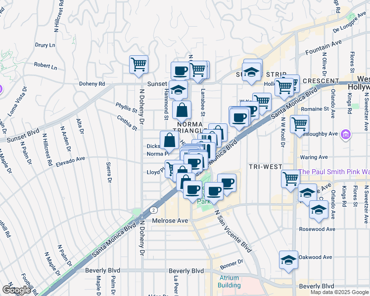 map of restaurants, bars, coffee shops, grocery stores, and more near 857 Hilldale Avenue in West Hollywood