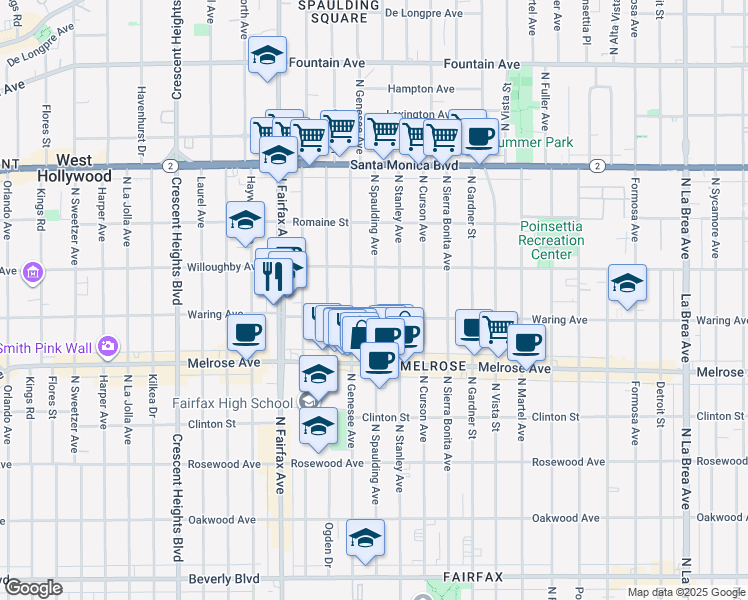map of restaurants, bars, coffee shops, grocery stores, and more near 821 North Spaulding Avenue in Los Angeles