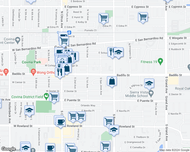 map of restaurants, bars, coffee shops, grocery stores, and more near 358 East Badillo Street in Covina