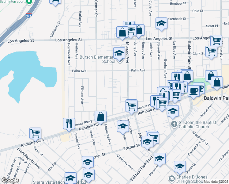 map of restaurants, bars, coffee shops, grocery stores, and more near 4038 Walnut Street in Baldwin Park