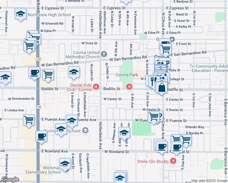 map of restaurants, bars, coffee shops, grocery stores, and more near 410 West Badillo Street in Covina