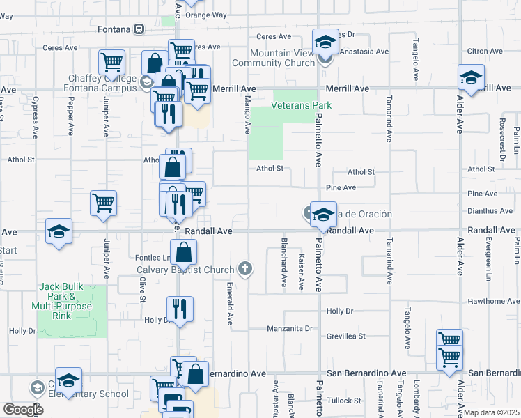 map of restaurants, bars, coffee shops, grocery stores, and more near 17125 Pinedale Avenue in Fontana