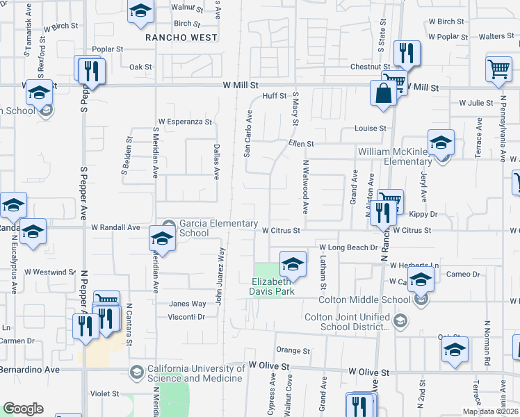 map of restaurants, bars, coffee shops, grocery stores, and more near 1660 North Teresa Avenue in Colton