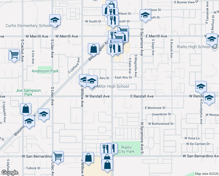 map of restaurants, bars, coffee shops, grocery stores, and more near 834 South Riverside Avenue in Rialto