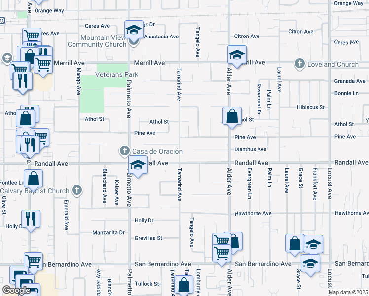 map of restaurants, bars, coffee shops, grocery stores, and more near 17556 Pinedale Avenue in Fontana