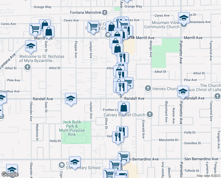 map of restaurants, bars, coffee shops, grocery stores, and more near 9248 Olive Street in Fontana
