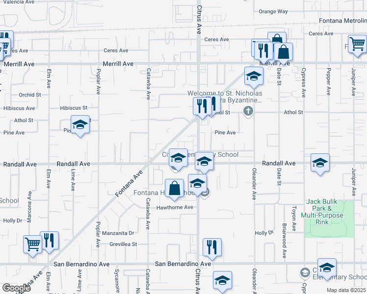 map of restaurants, bars, coffee shops, grocery stores, and more near 9250 Citrus Avenue in Fontana