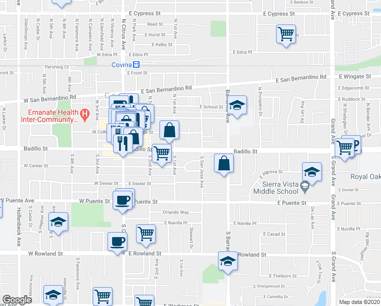 map of restaurants, bars, coffee shops, grocery stores, and more near 332 East Badillo Street in Covina