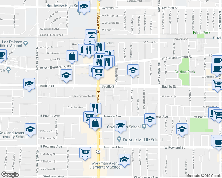 map of restaurants, bars, coffee shops, grocery stores, and more near 1838 Badillo Street in West Covina
