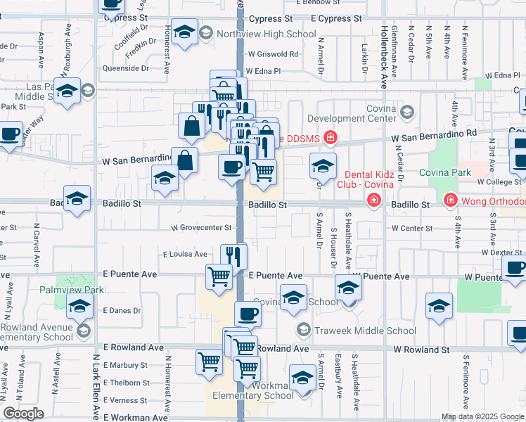 map of restaurants, bars, coffee shops, grocery stores, and more near 1838 Badillo Street in West Covina