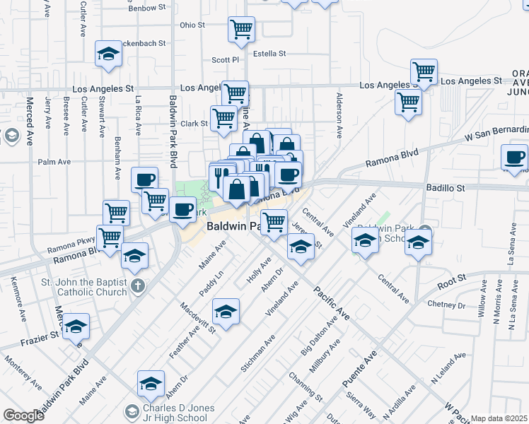 map of restaurants, bars, coffee shops, grocery stores, and more near 4024 Maine Avenue in Baldwin Park
