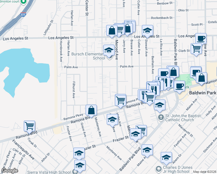 map of restaurants, bars, coffee shops, grocery stores, and more near 4038 Walnut Street in Baldwin Park