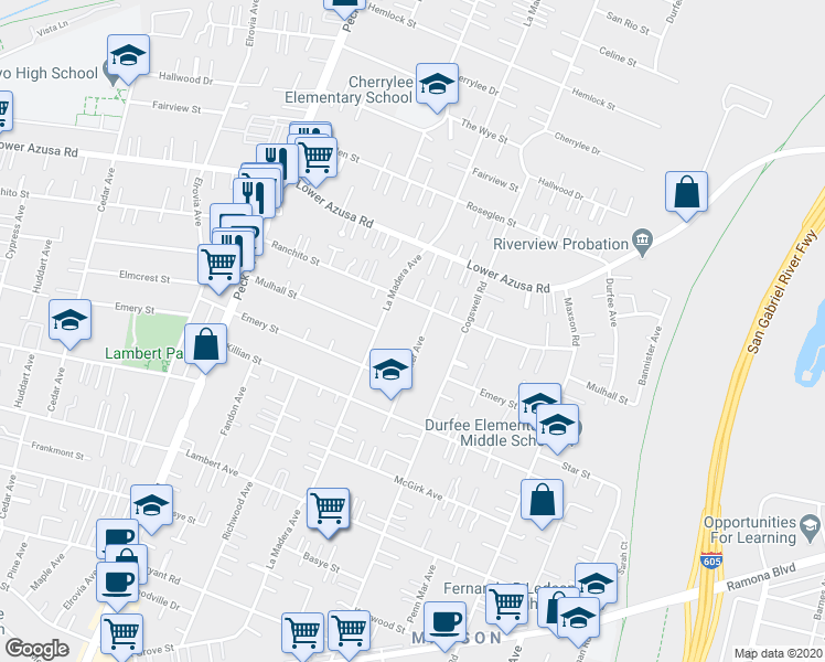 map of restaurants, bars, coffee shops, grocery stores, and more near 4635 Whistler Avenue in El Monte
