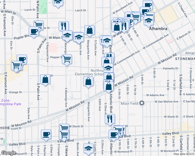 map of restaurants, bars, coffee shops, grocery stores, and more near 404 South Curtis Avenue in Alhambra