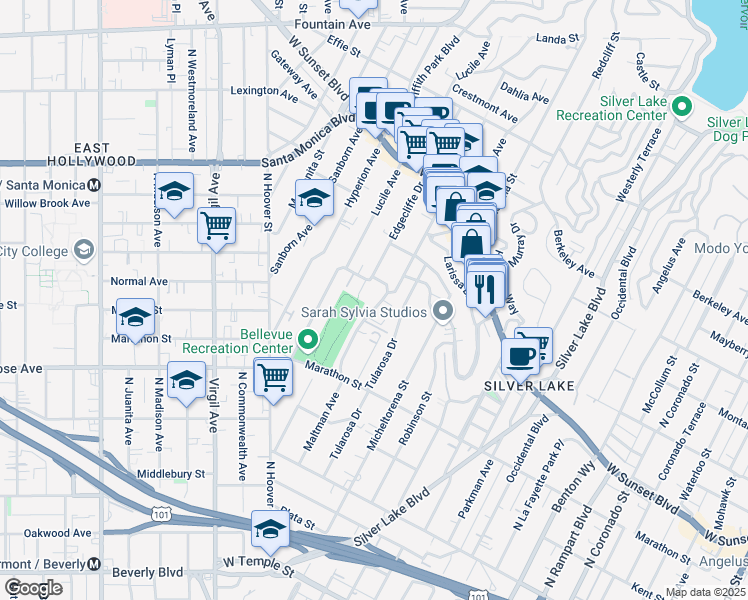 map of restaurants, bars, coffee shops, grocery stores, and more near 962 Maltman Avenue in Los Angeles