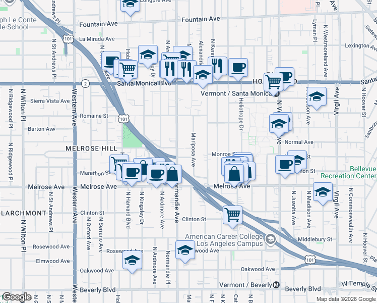 map of restaurants, bars, coffee shops, grocery stores, and more near 850 North Mariposa Avenue in Los Angeles