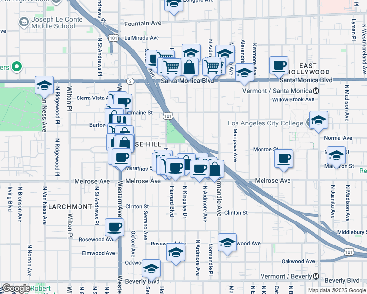 map of restaurants, bars, coffee shops, grocery stores, and more near 848 North Harvard Boulevard in Los Angeles