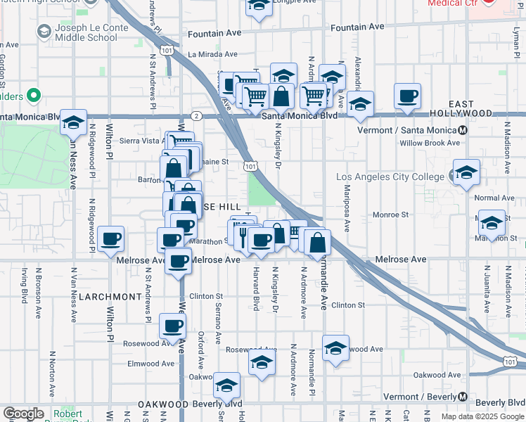map of restaurants, bars, coffee shops, grocery stores, and more near 848 North Harvard Boulevard in Los Angeles