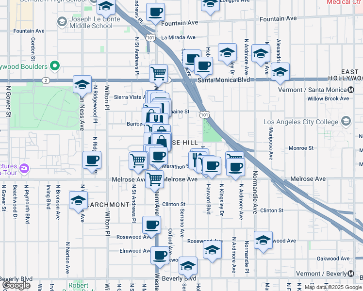 map of restaurants, bars, coffee shops, grocery stores, and more near 5034 Lemon Grove Avenue in Los Angeles