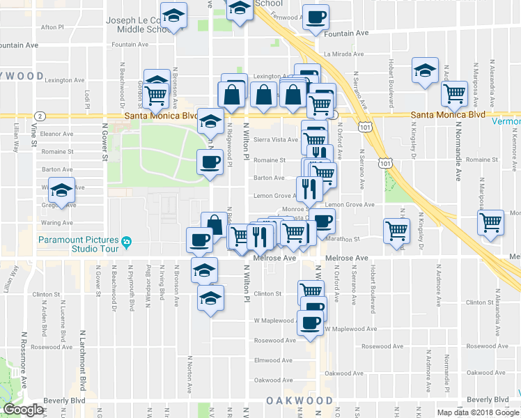 map of restaurants, bars, coffee shops, grocery stores, and more near 5433 Monroe Street in Los Angeles