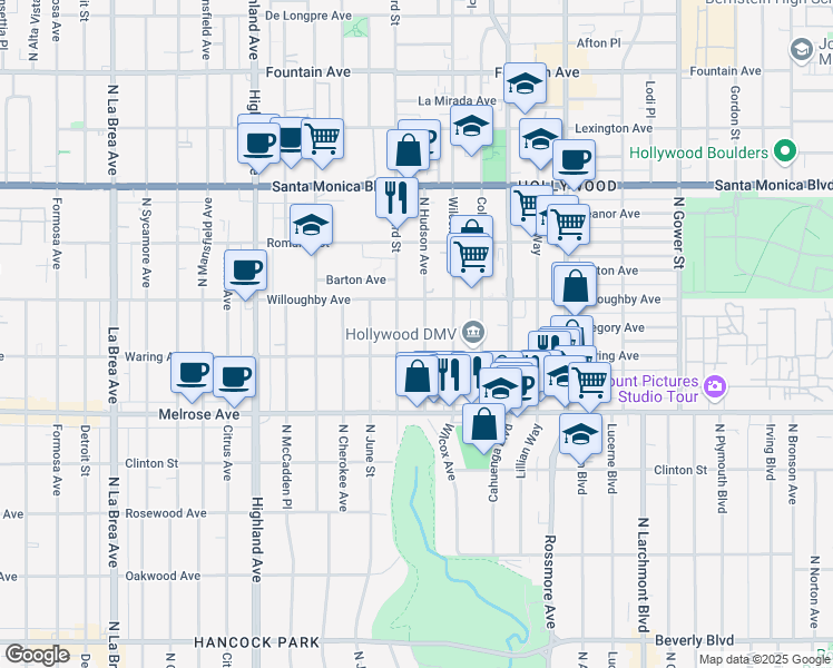 map of restaurants, bars, coffee shops, grocery stores, and more near 816 North Hudson Avenue in Los Angeles