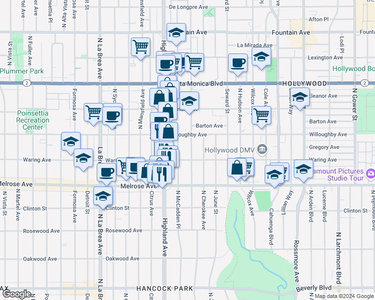 map of restaurants, bars, coffee shops, grocery stores, and more near 827 North Las Palmas Avenue in Los Angeles