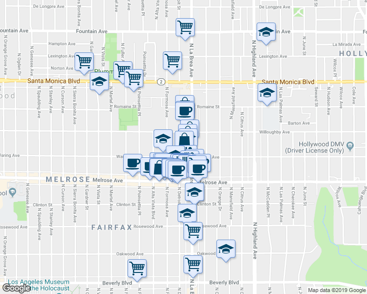map of restaurants, bars, coffee shops, grocery stores, and more near 823 North Detroit Street in Los Angeles