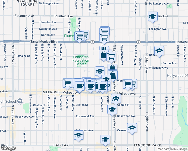 map of restaurants, bars, coffee shops, grocery stores, and more near 822 North Alta Vista Boulevard in West Hollywood