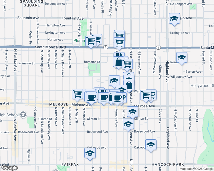 map of restaurants, bars, coffee shops, grocery stores, and more near 822 North Alta Vista Boulevard in West Hollywood