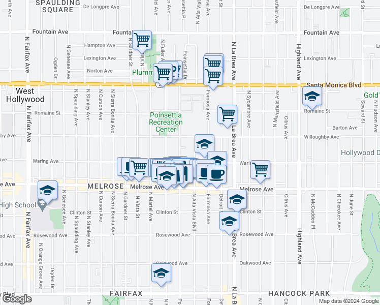 map of restaurants, bars, coffee shops, grocery stores, and more near 824 North Poinsettia Place in Los Angeles