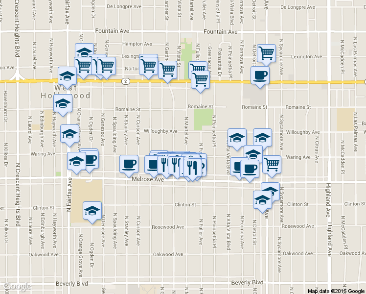 map of restaurants, bars, coffee shops, grocery stores, and more near 823 North Martel Avenue in Los Angeles