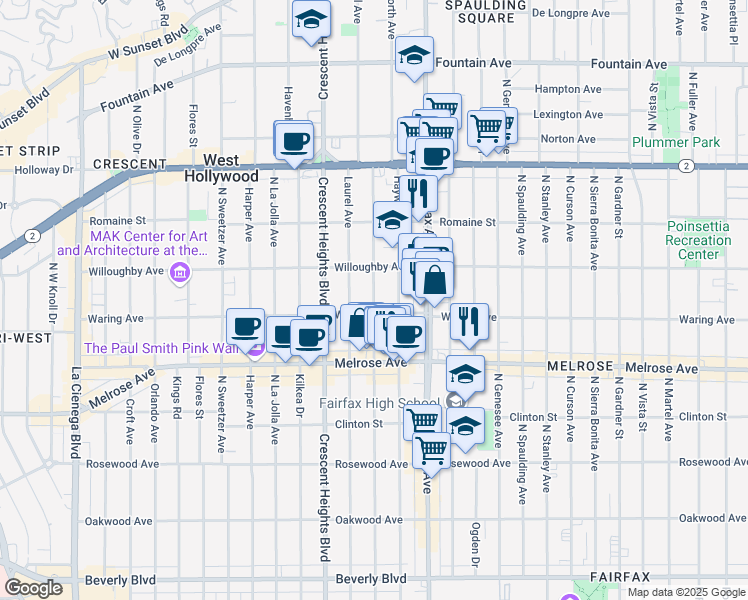 map of restaurants, bars, coffee shops, grocery stores, and more near 812 North Edinburgh Avenue in Los Angeles